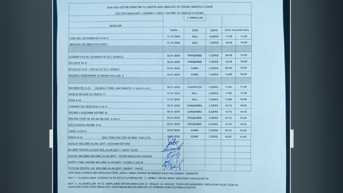 SINAV TAKVİMİ 2024-2024 1.Dönem 2. Sınavlar